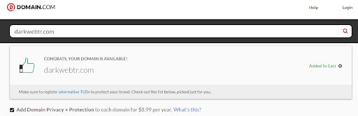 لقطة شاشة من أحد مواقع شراء النطاقات التي تظهر أن النطاق متاح للبيع