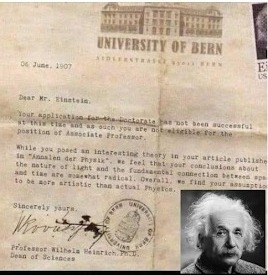 "صورة من رسالة رفض لطلب الدكتوراه الخاص بألبرت اينشتاين من جامعة بيرن السويسرية عام 1907" | كذب باسم العلم